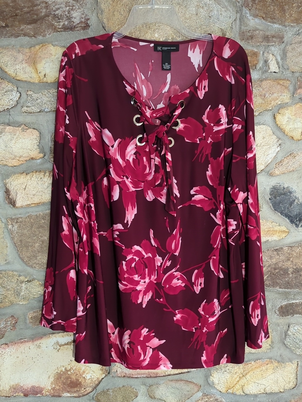 INC International Concepts Burgundy and Pink Floral Lace-Up Long Sleeve Top
